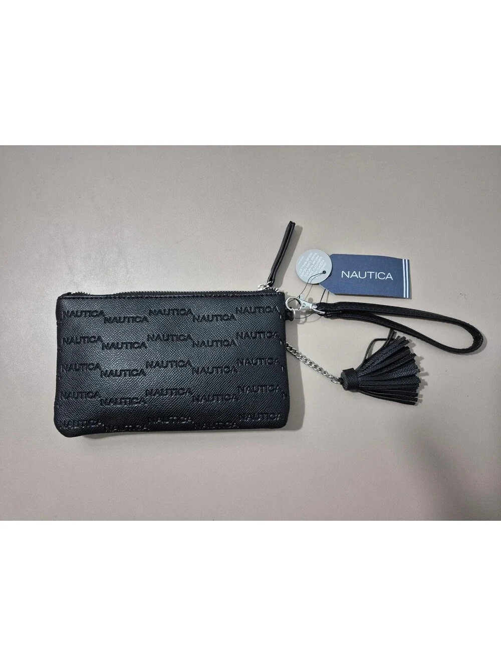 Nautica Black Logo Embossed Wristlet Wallet Clutch NWT Tassel Zip Pouch